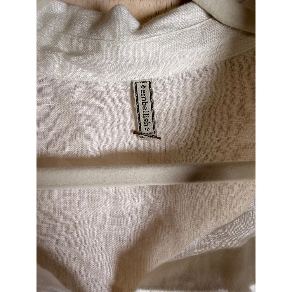 Embellish Tunic Top Womens Small White Excellent Linen Henley Contrast Stitching - Picture 2 of 8